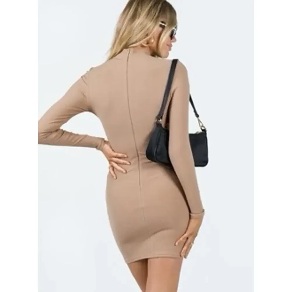 Princess Polly Savoy Long Sleeve Mini Dress Beige Tan Ribbed Knit Mock Neck